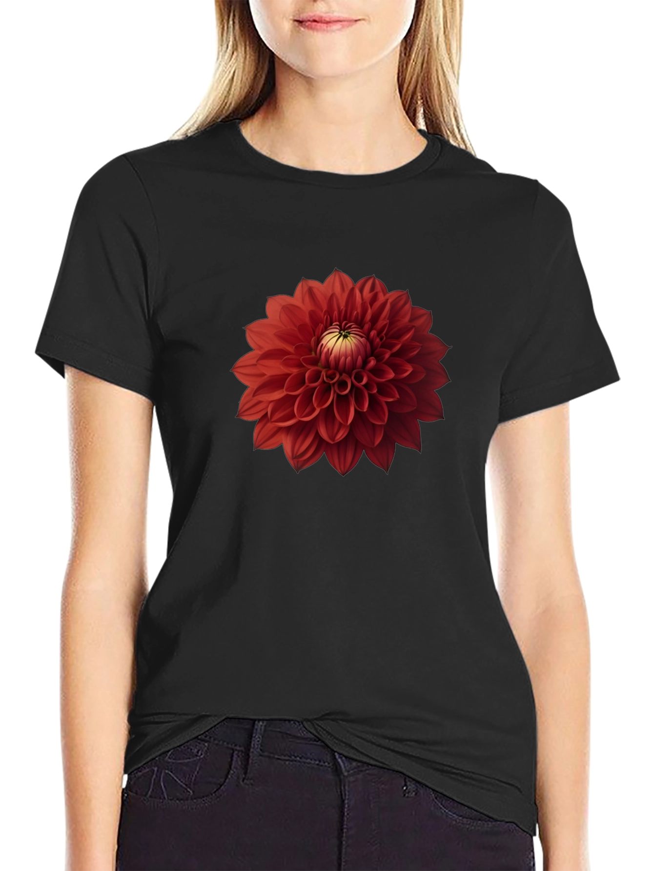 Red Dahlia Flower Graphic Black T-Shirt