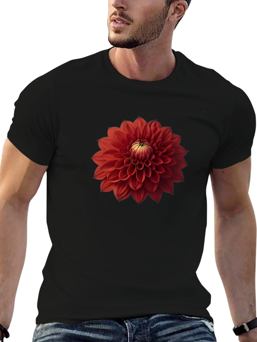 Red Dahlia Flower Graphic Black T-Shirt