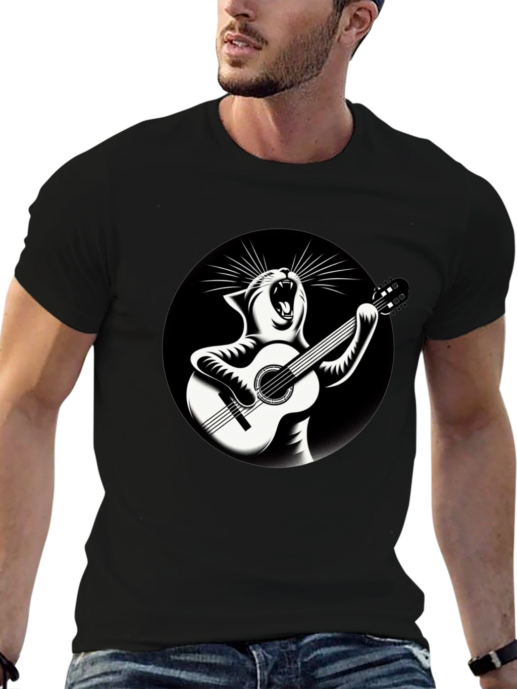 Cat Playing Guitar Graphic T-Shirt