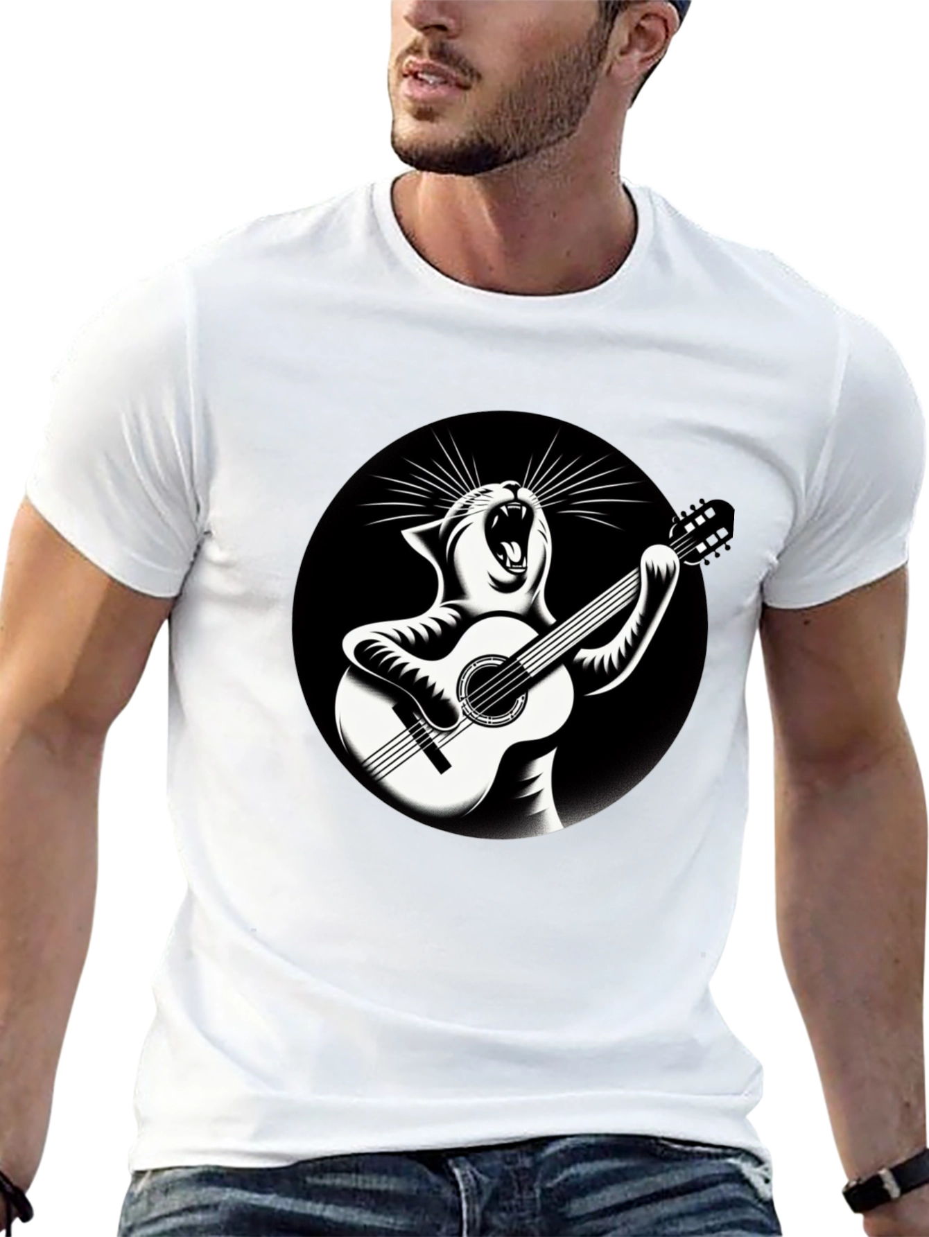 Cat Playing Guitar Graphic T-Shirt
