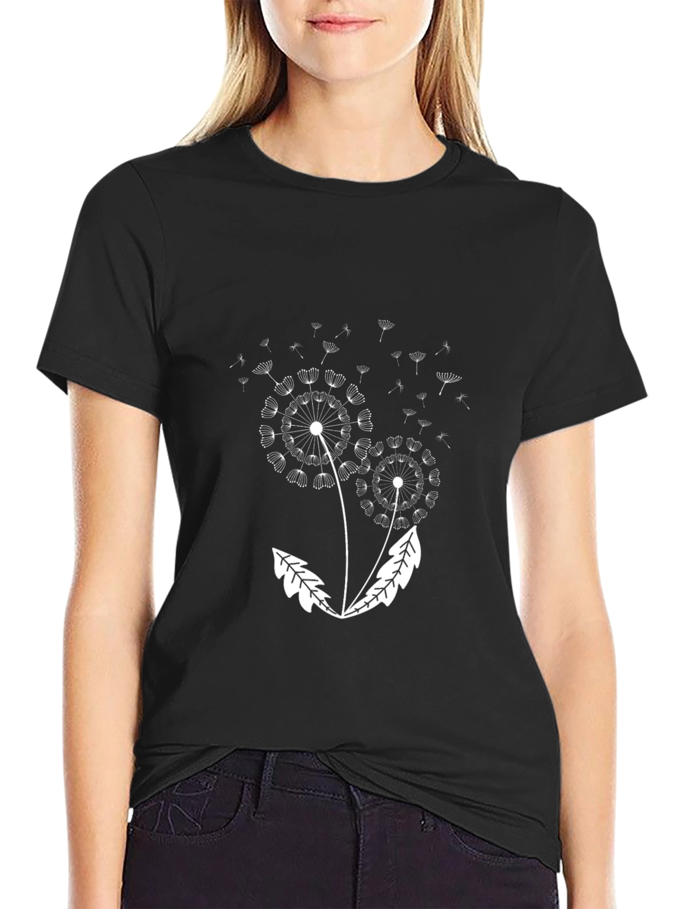 Dandelion Print Black Tee - Stylish Casual Wear