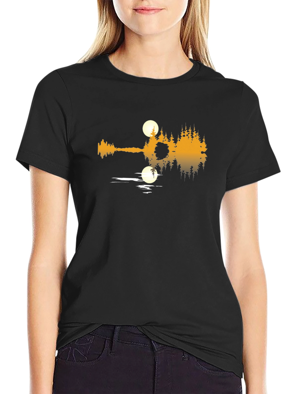Guitar Lake Reflection Graphic T-Shirt - Black