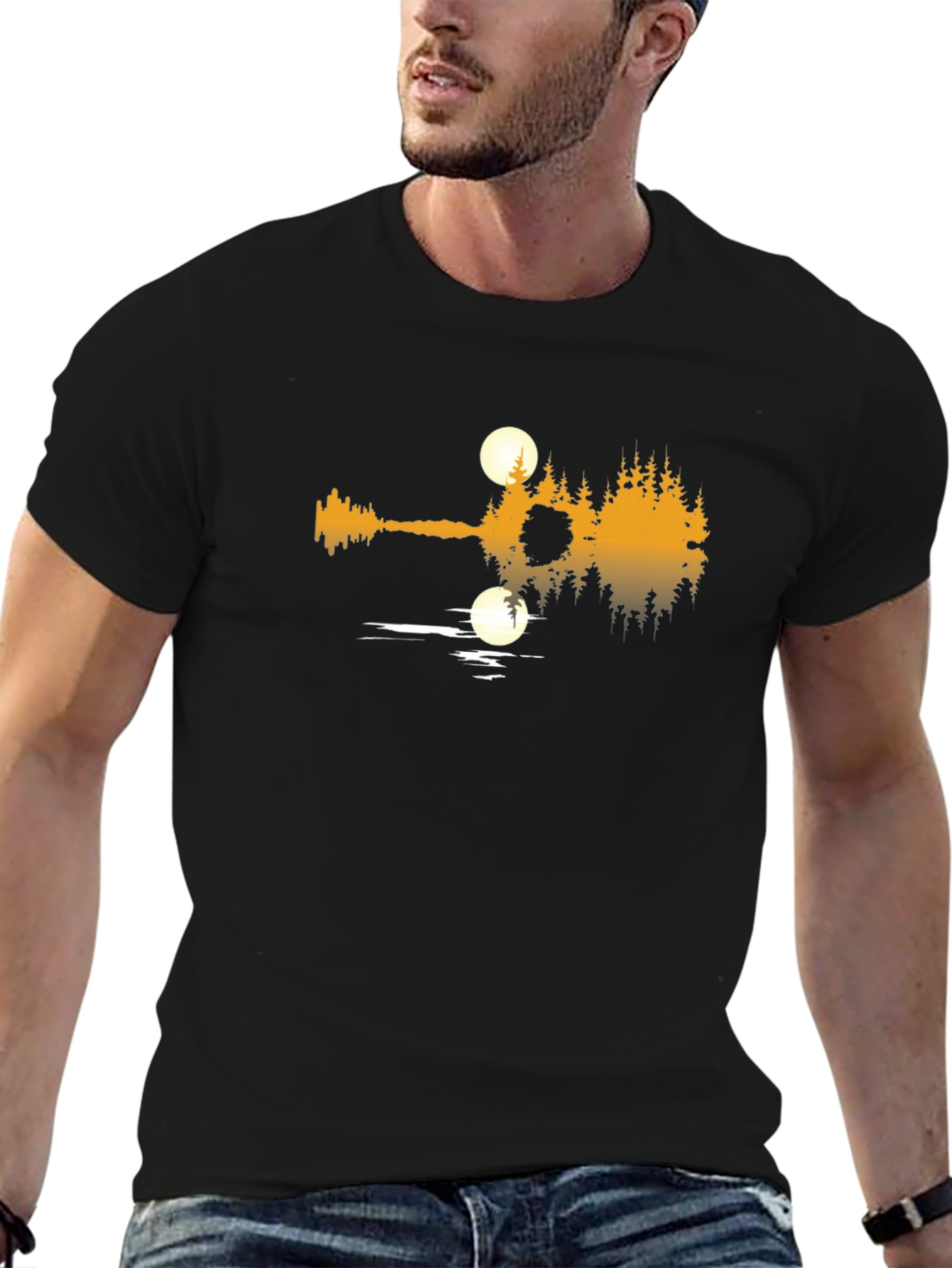 Guitar Lake Reflection Graphic T-Shirt - Black