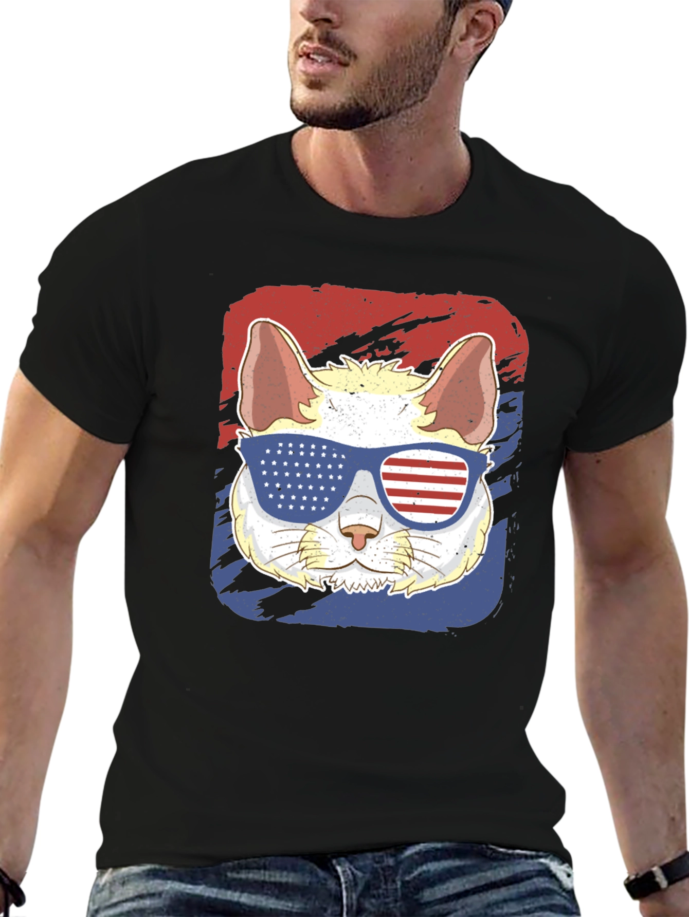 Patriotic Cat T-Shirt: USA Flag Sunglasses