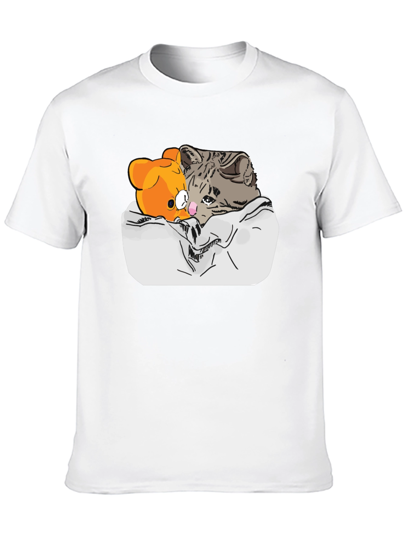 Sad Cat & Bear Graphic Print Black T-Shirt