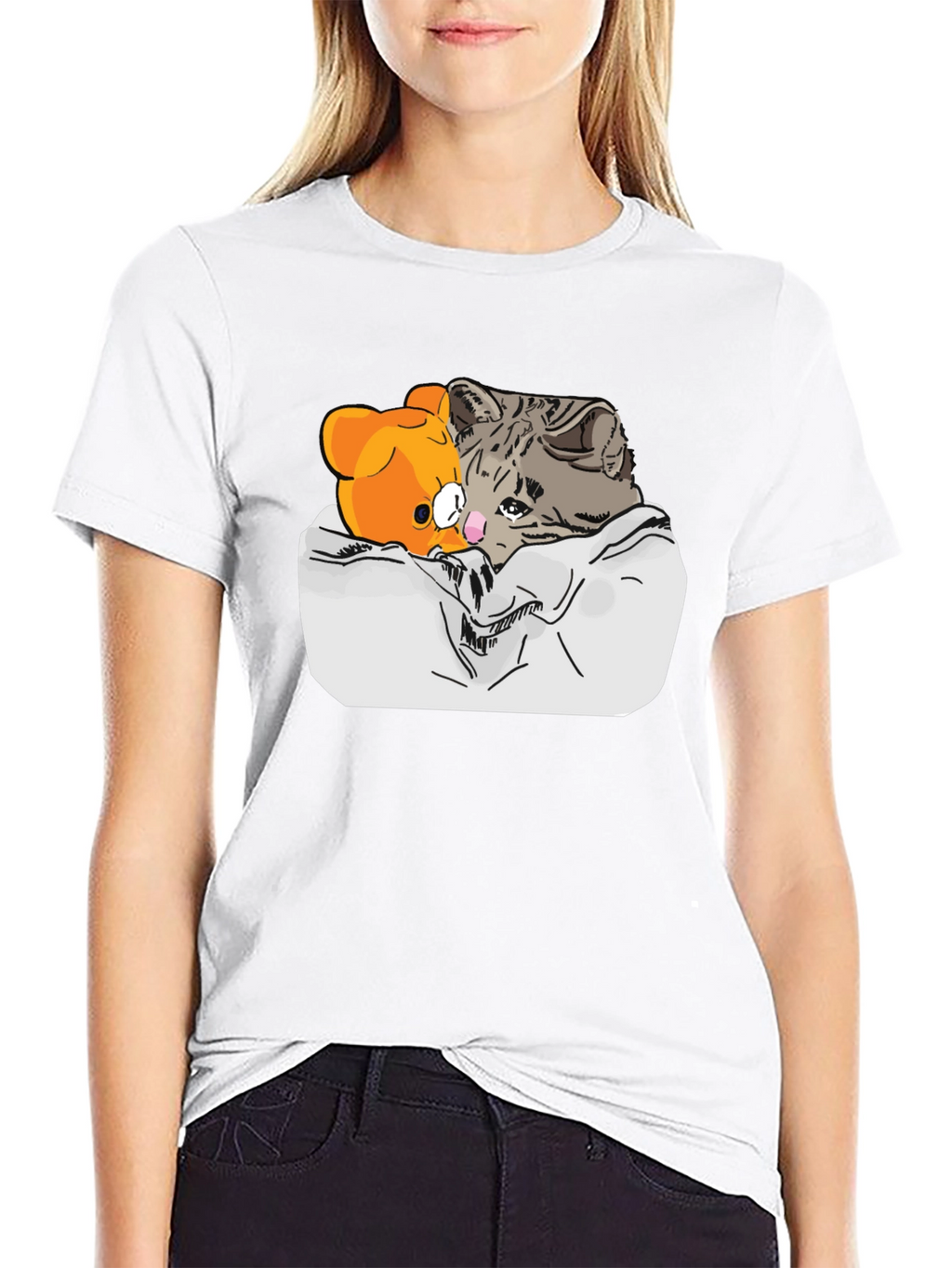 Sad Cat & Bear Graphic Print Black T-Shirt