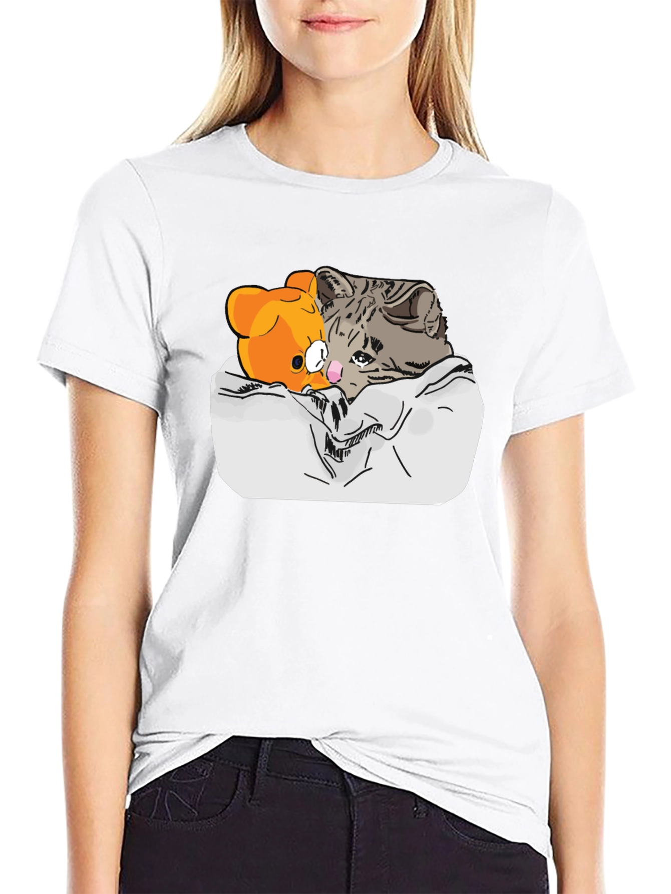 Sad Cat & Bear Graphic Print Black T-Shirt