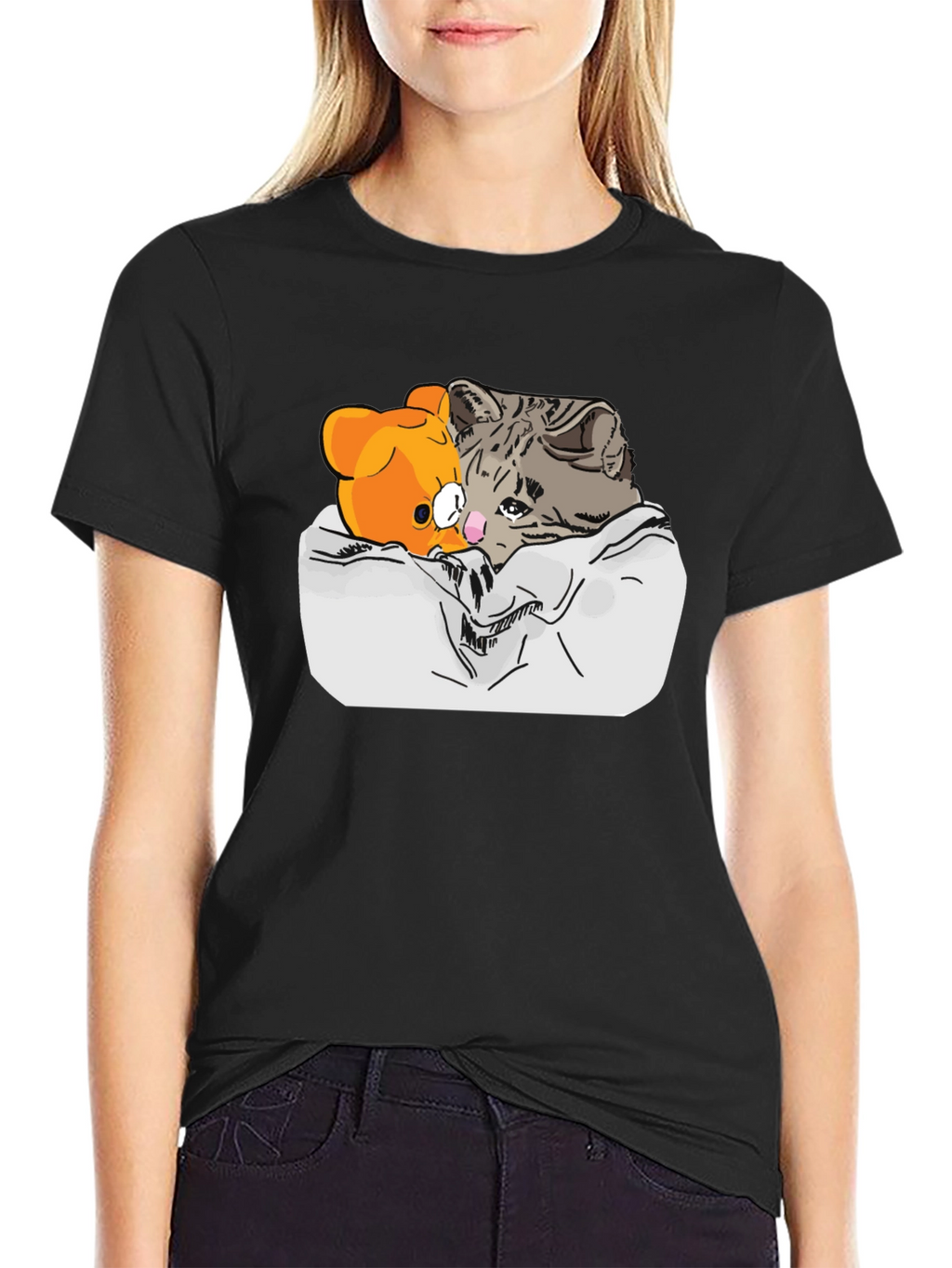 Sad Cat & Bear Graphic Print Black T-Shirt