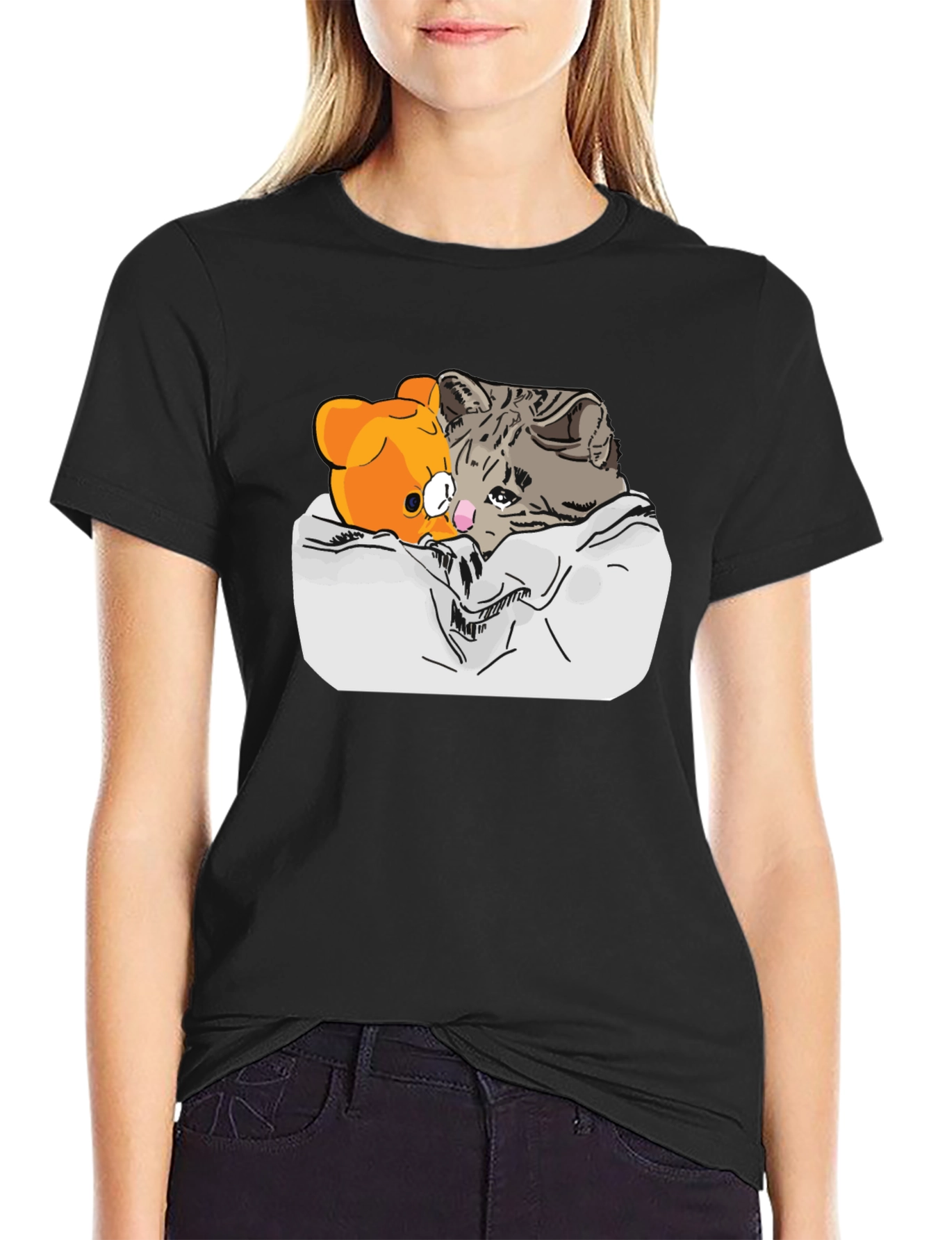 Sad Cat & Bear Graphic Print Black T-Shirt