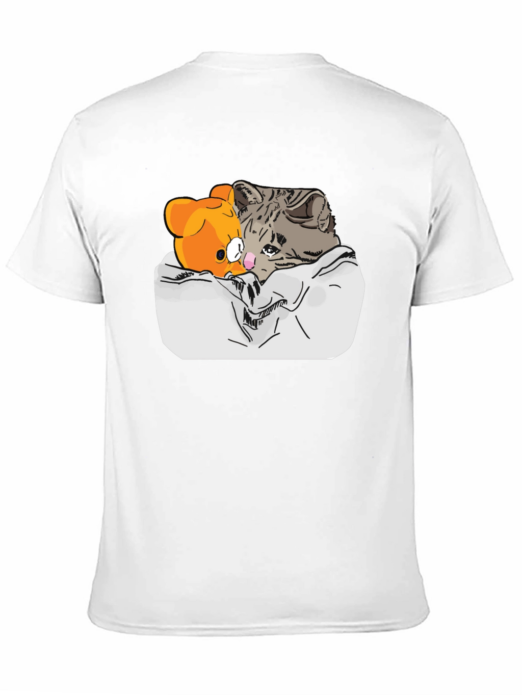 Sad Cat & Bear Graphic Print Black T-Shirt