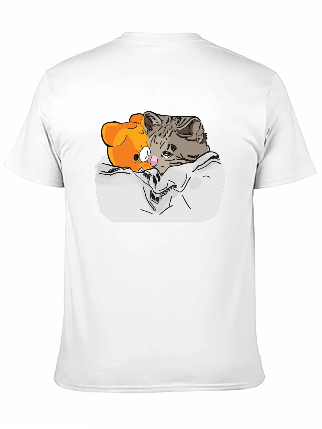 Sad Cat & Bear Graphic Print Black T-Shirt