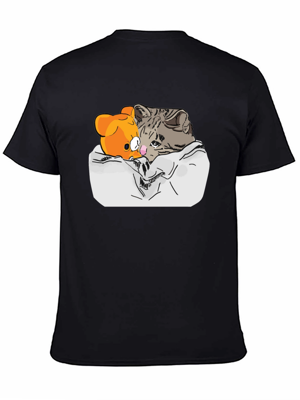 Sad Cat & Bear Graphic Print Black T-Shirt