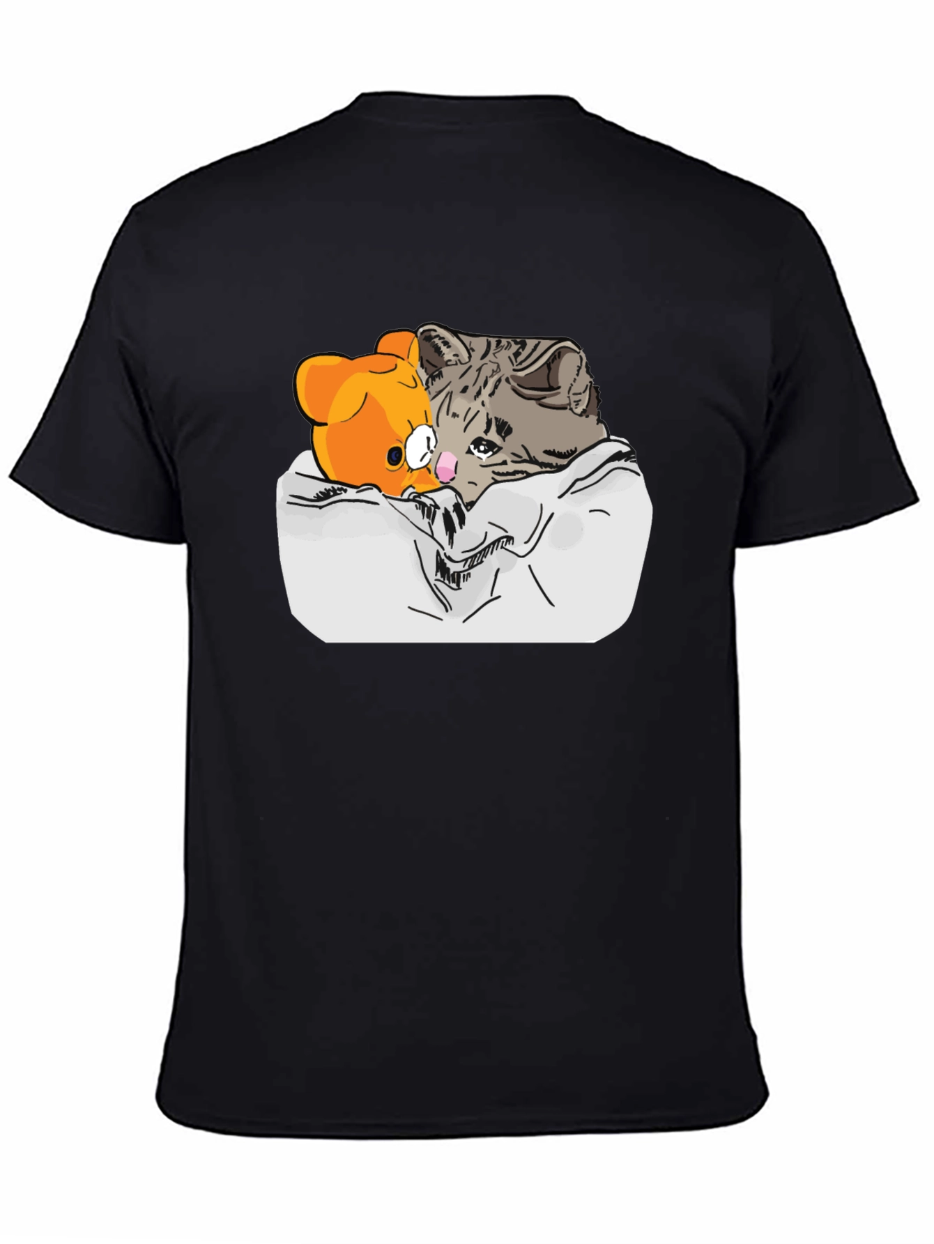 Sad Cat & Bear Graphic Print Black T-Shirt