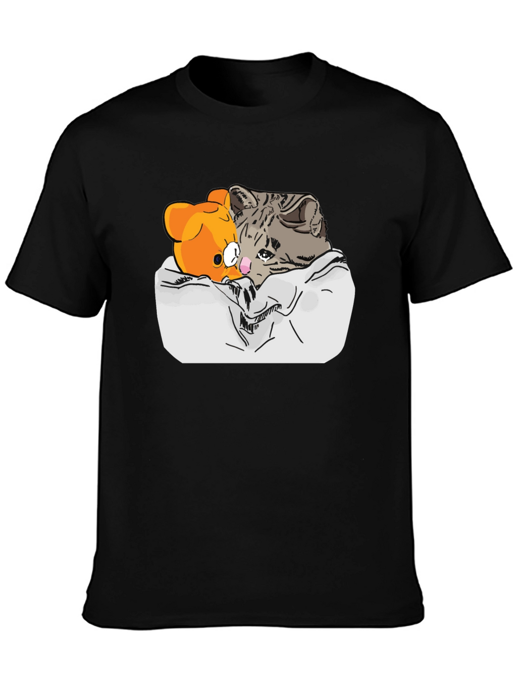 Sad Cat & Bear Graphic Print Black T-Shirt