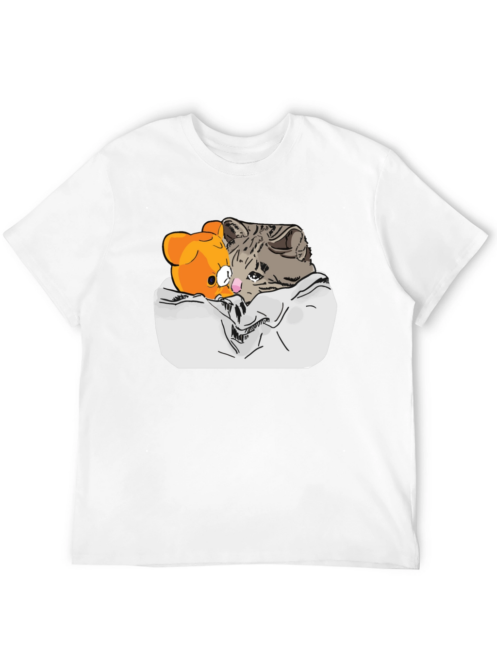 Sad Cat & Bear Graphic Print Black T-Shirt