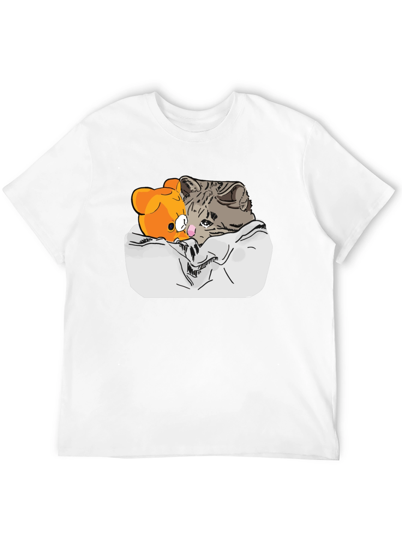 Sad Cat & Bear Graphic Print Black T-Shirt