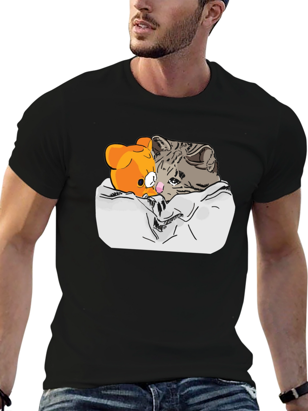 Sad Cat & Bear Graphic Print Black T-Shirt