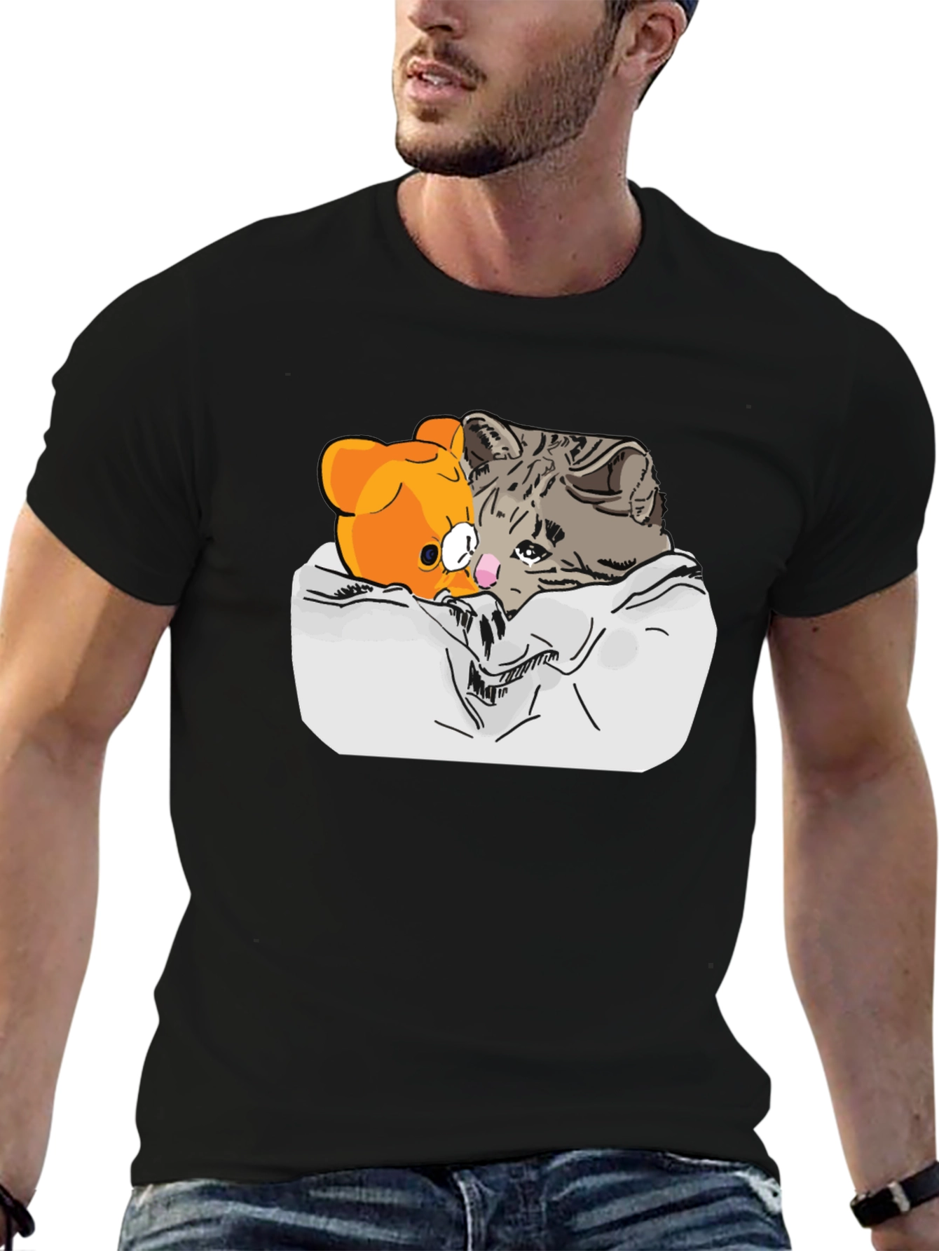 Sad Cat & Bear Graphic Print Black T-Shirt