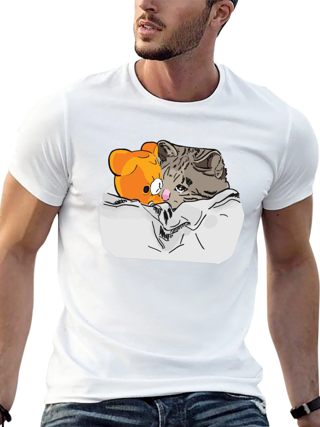 Sad Cat & Bear Graphic Print Black T-Shirt