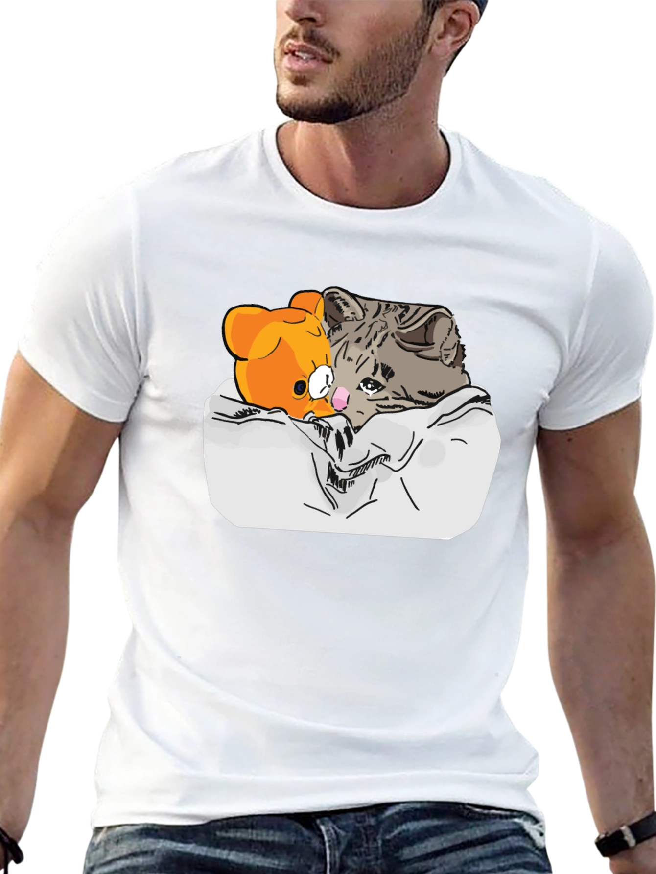 Sad Cat & Bear Graphic Print Black T-Shirt