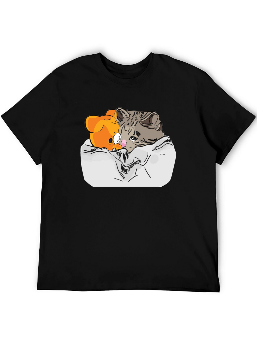 Sad Cat & Bear Graphic Print Black T-Shirt