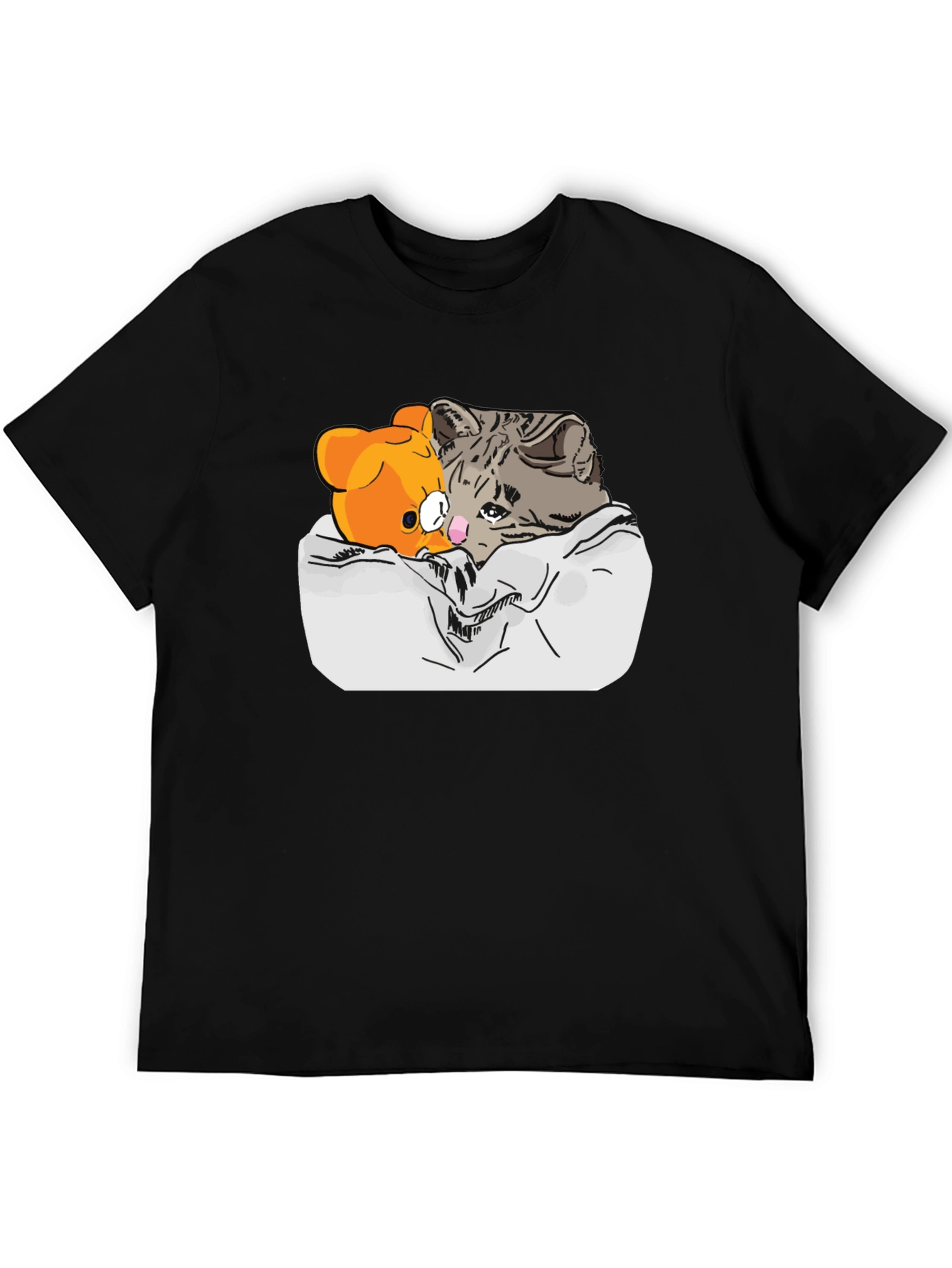 Sad Cat & Bear Graphic Print Black T-Shirt