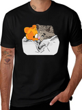 Sad Cat & Bear Graphic Print Black T-Shirt