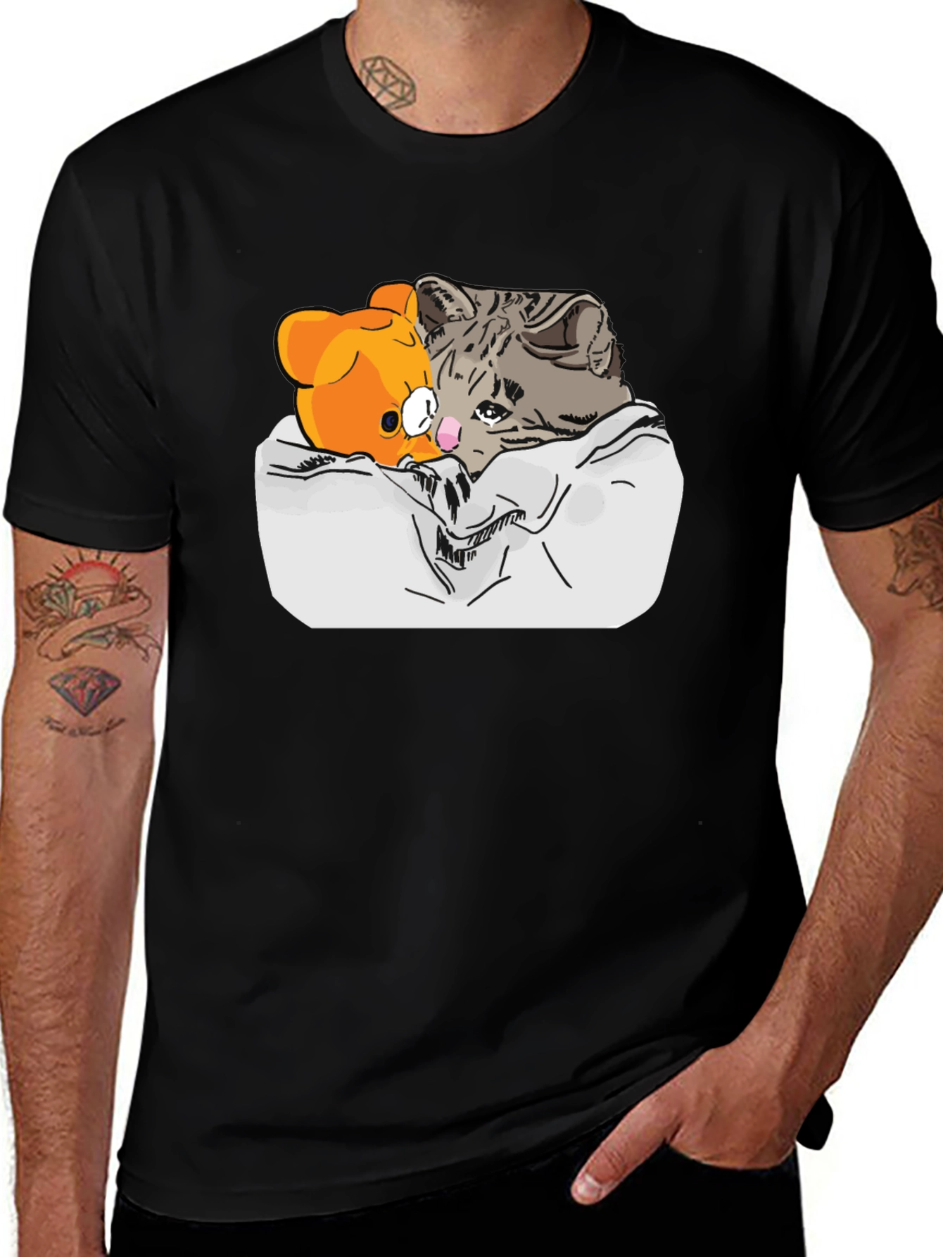 Sad Cat & Bear Graphic Print Black T-Shirt