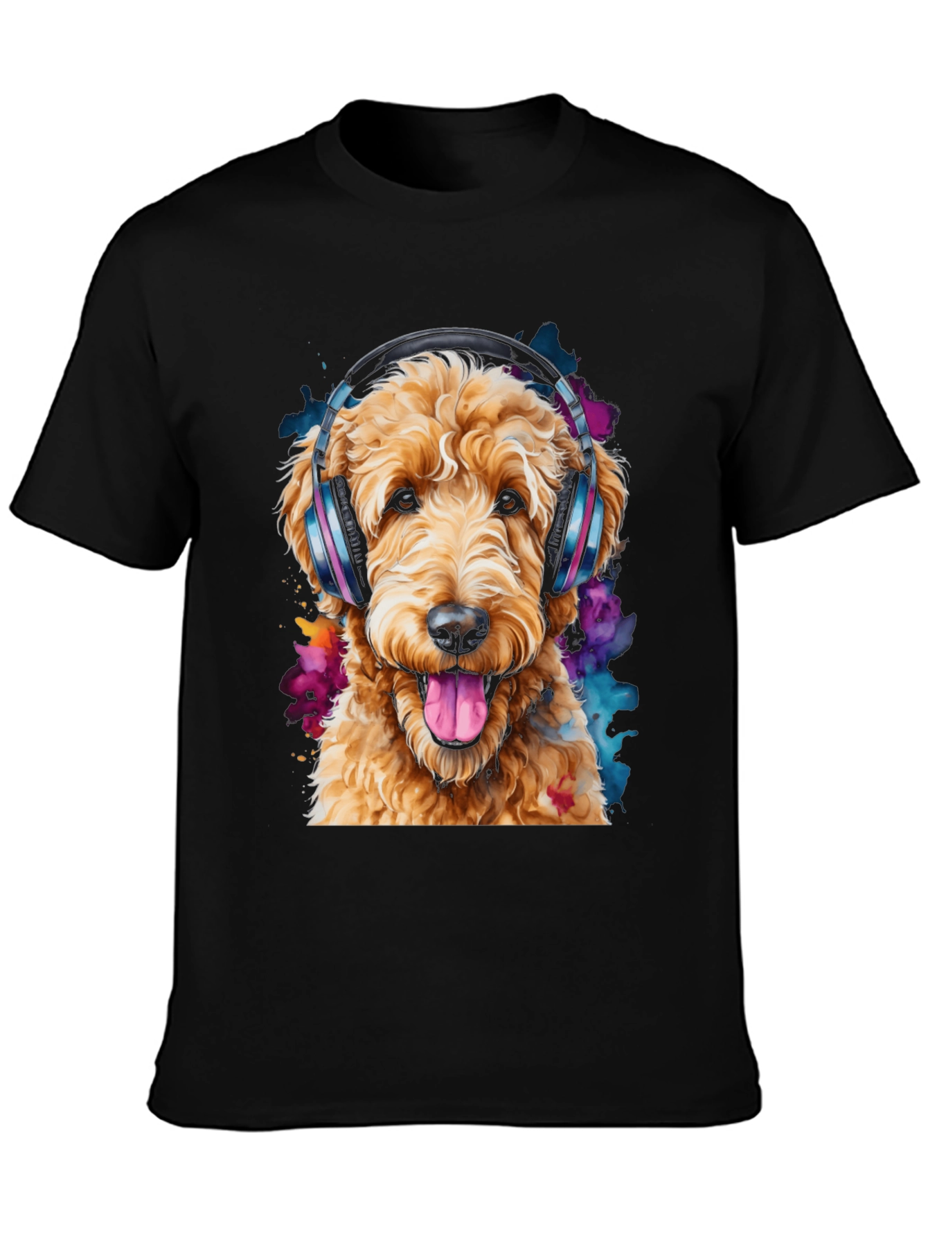 Dog with Headphones Black T-Shirt