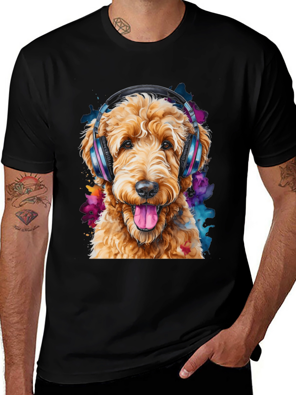 Dog with Headphones Black T-Shirt