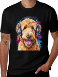 Dog with Headphones Black T-Shirt