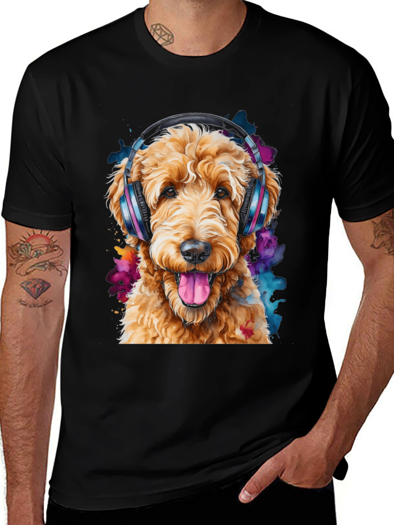 Dog with Headphones Black T-Shirt