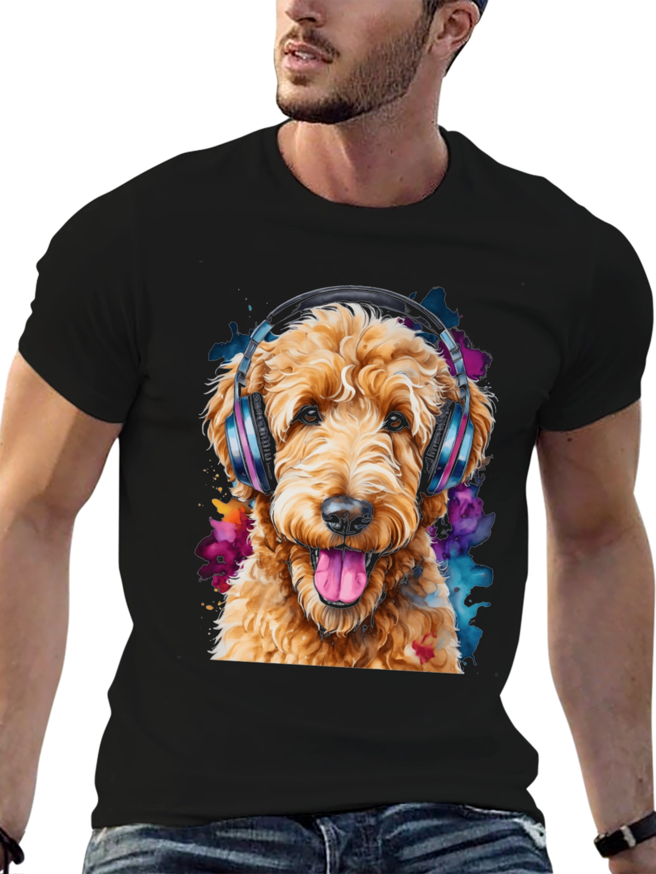 Dog with Headphones Black T-Shirt