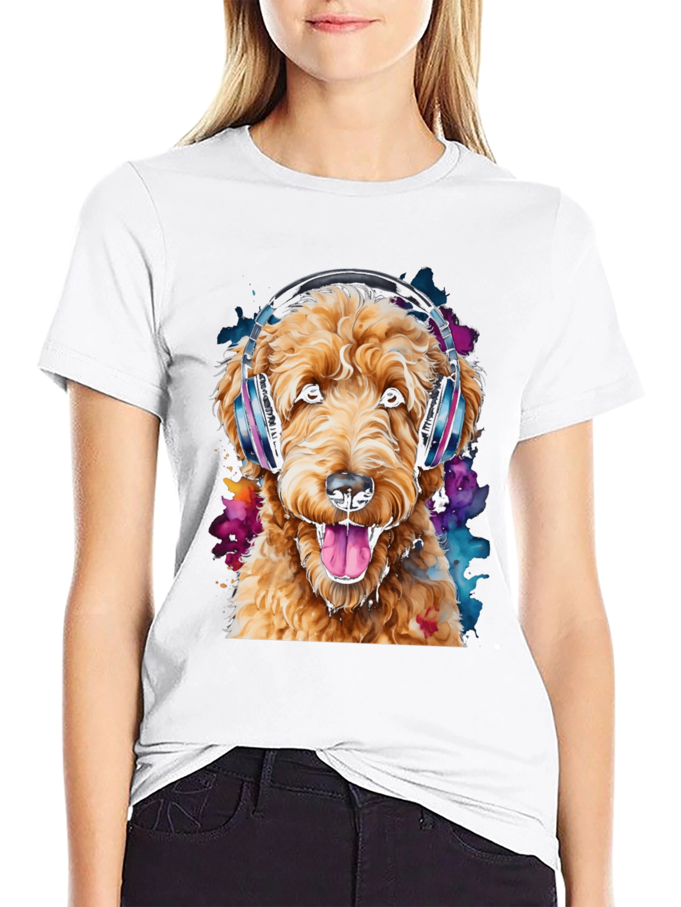 Dog with Headphones Black T-Shirt