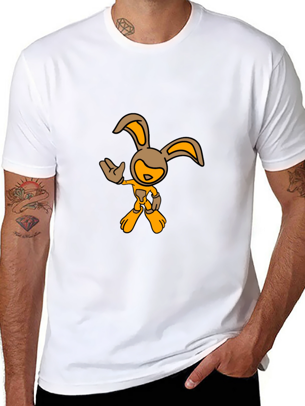Black T-Shirt with Cartoon Rabbit Graphic
