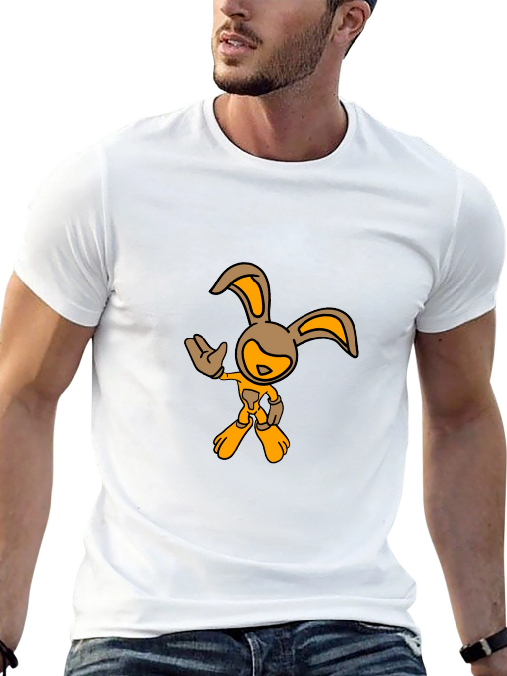 Black T-Shirt with Cartoon Rabbit Graphic