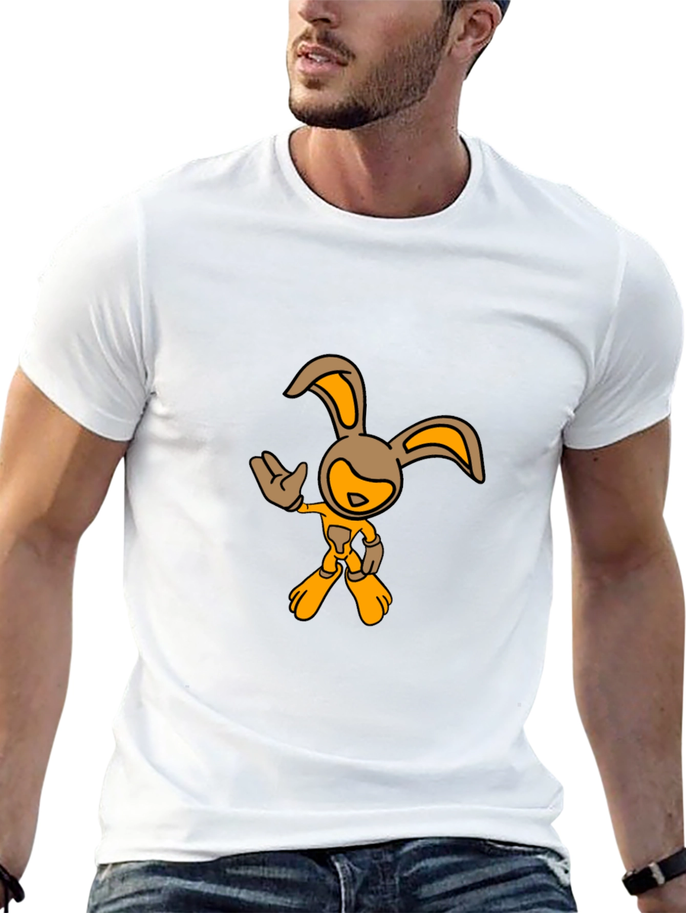 Black T-Shirt with Cartoon Rabbit Graphic