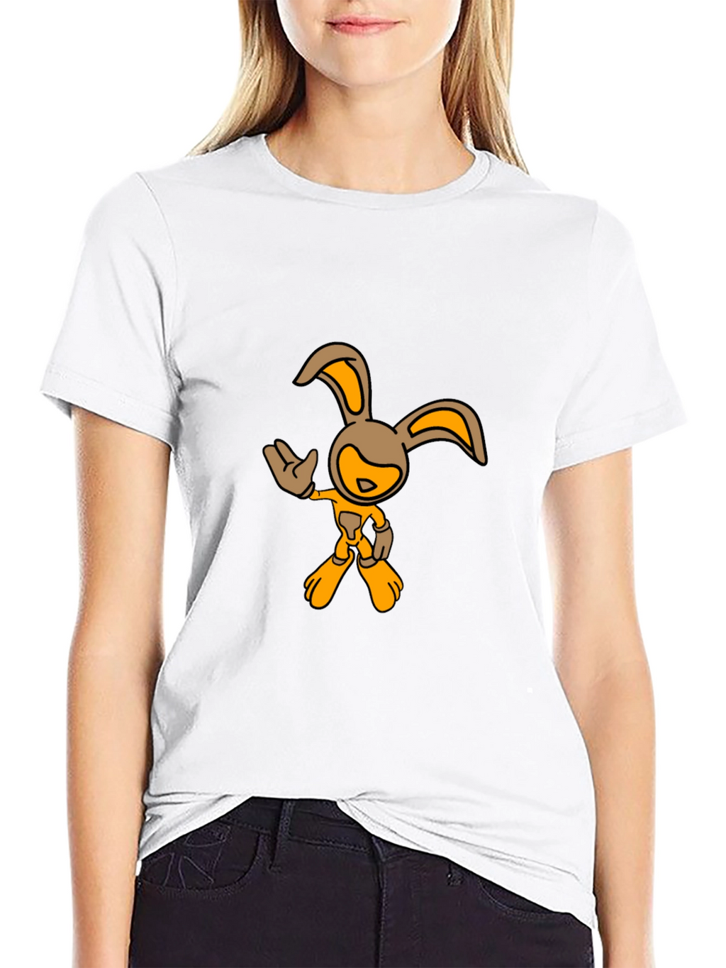 Black T-Shirt with Cartoon Rabbit Graphic
