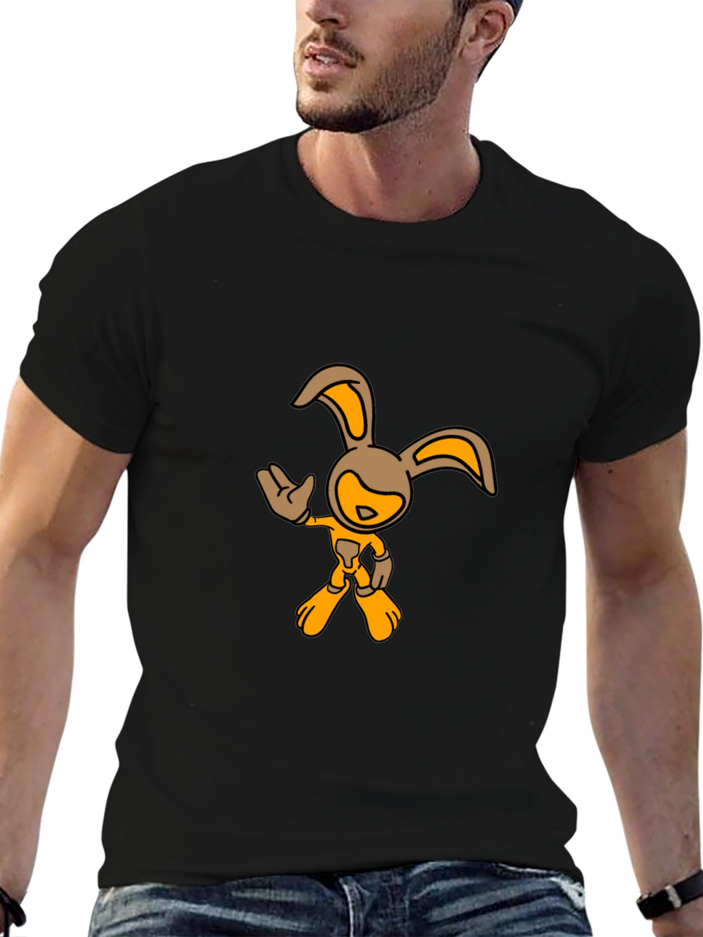 Black T-Shirt with Cartoon Rabbit Graphic