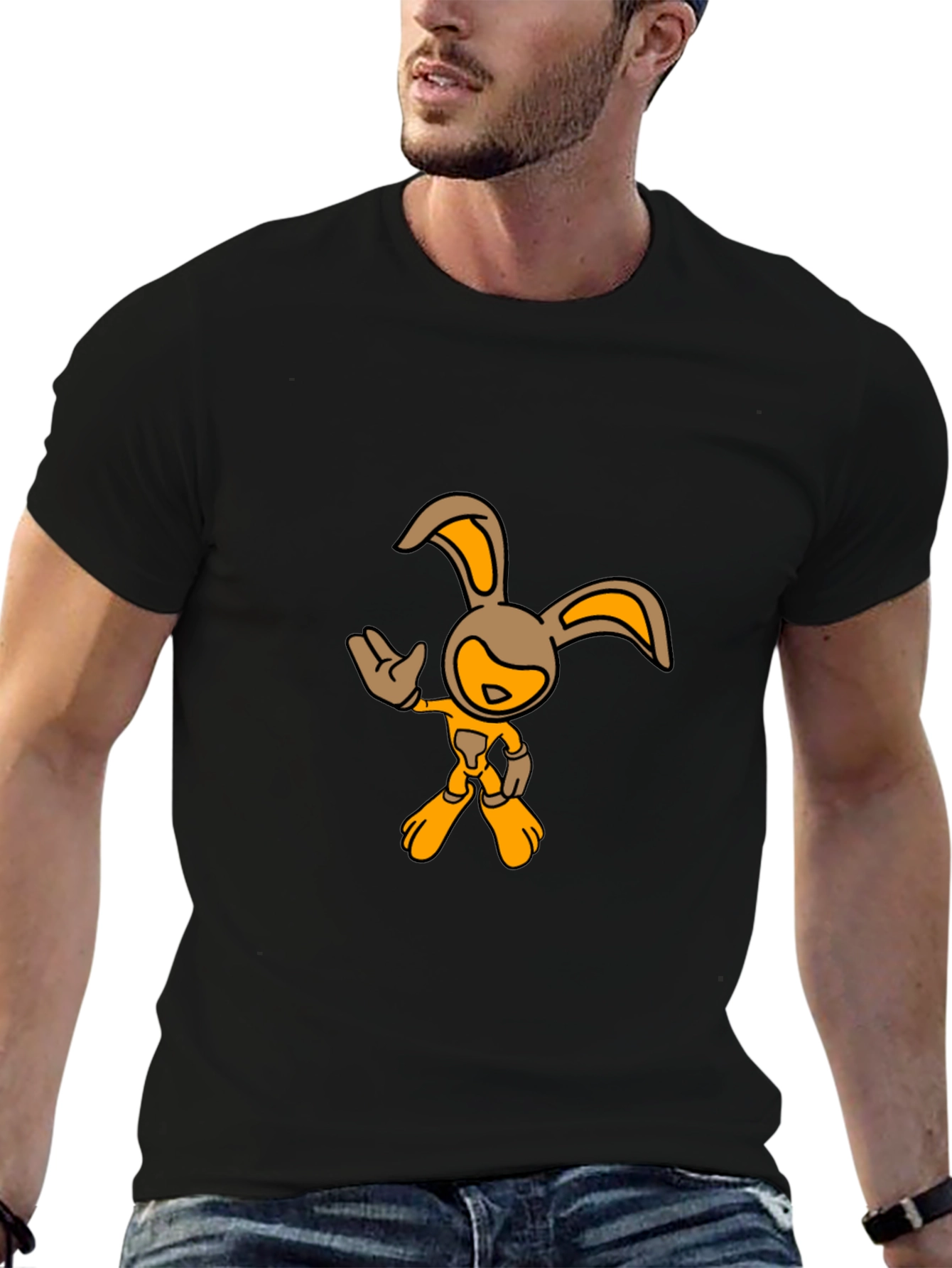 Black T-Shirt with Cartoon Rabbit Graphic