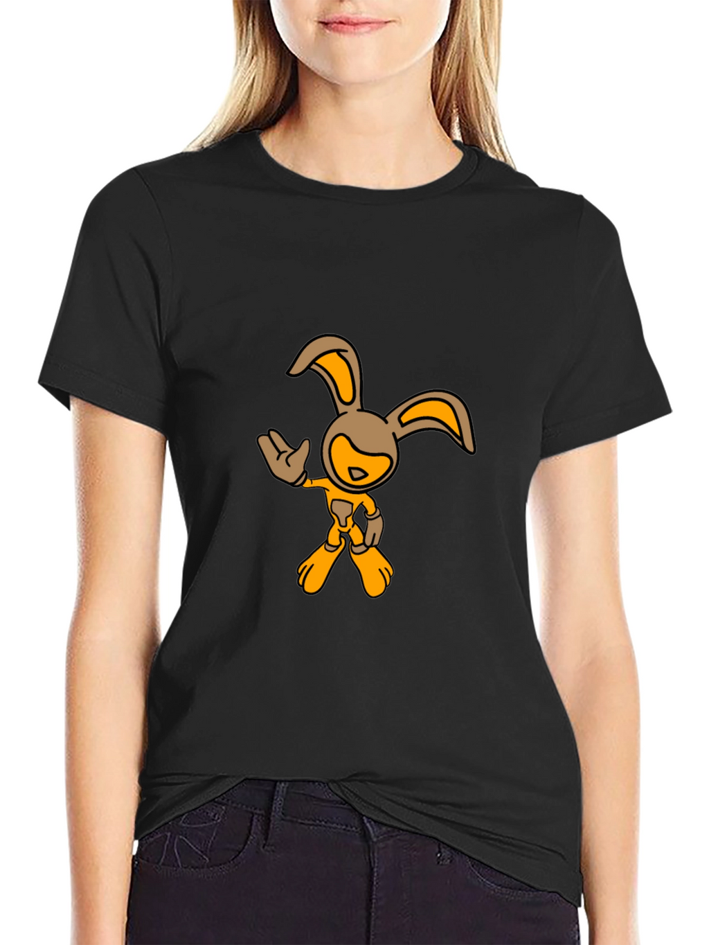 Black T-Shirt with Cartoon Rabbit Graphic