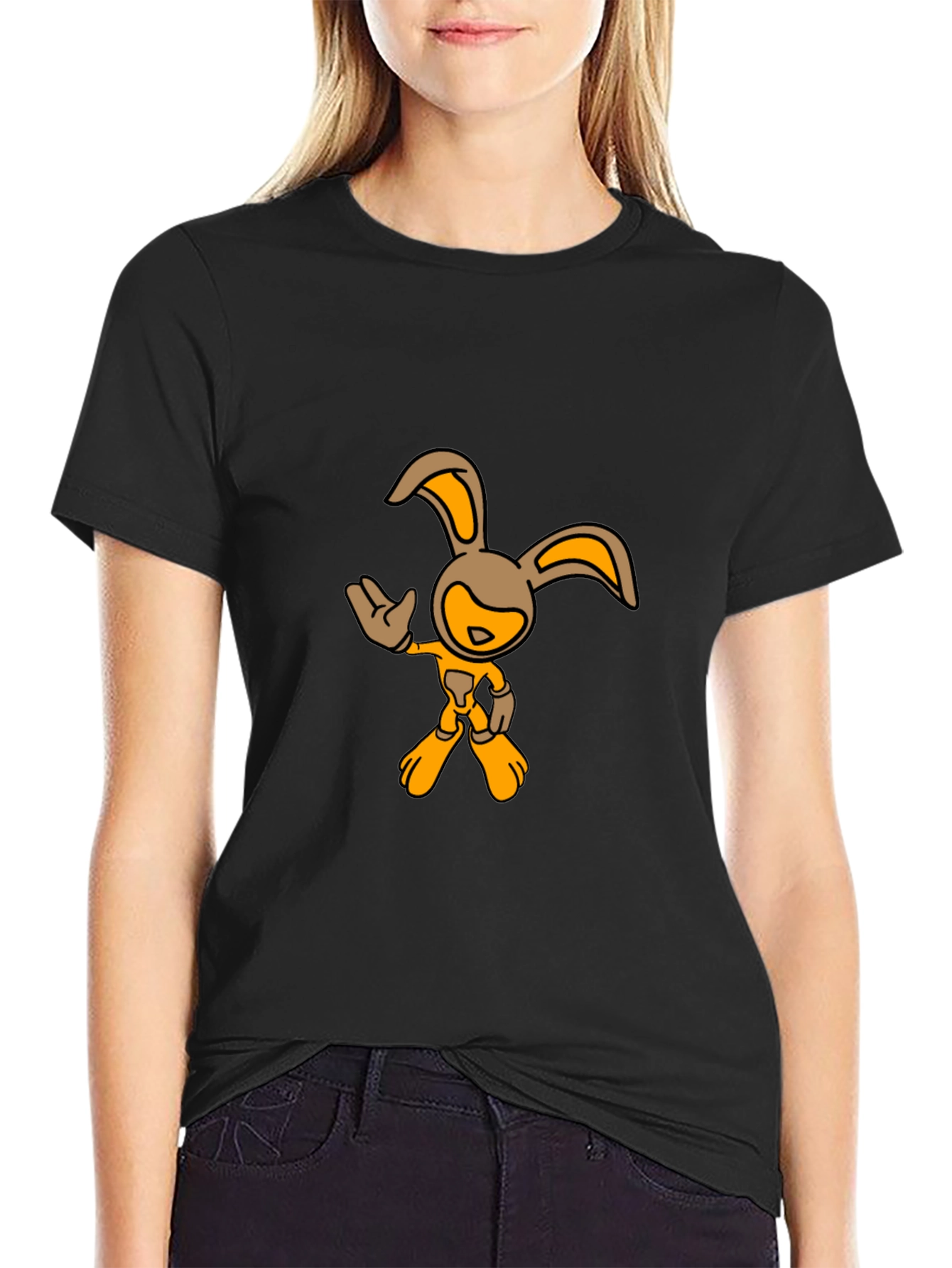 Black T-Shirt with Cartoon Rabbit Graphic