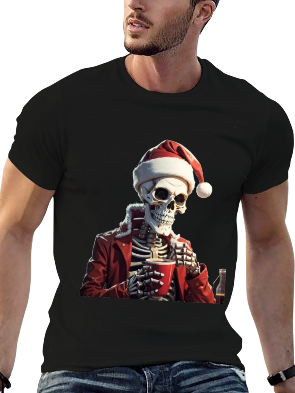 Festive Skeleton Graphic Tee - Holiday Humor