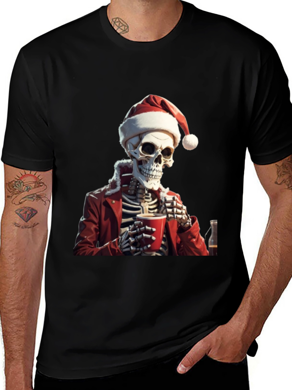 Festive Skeleton Graphic Tee - Holiday Humor