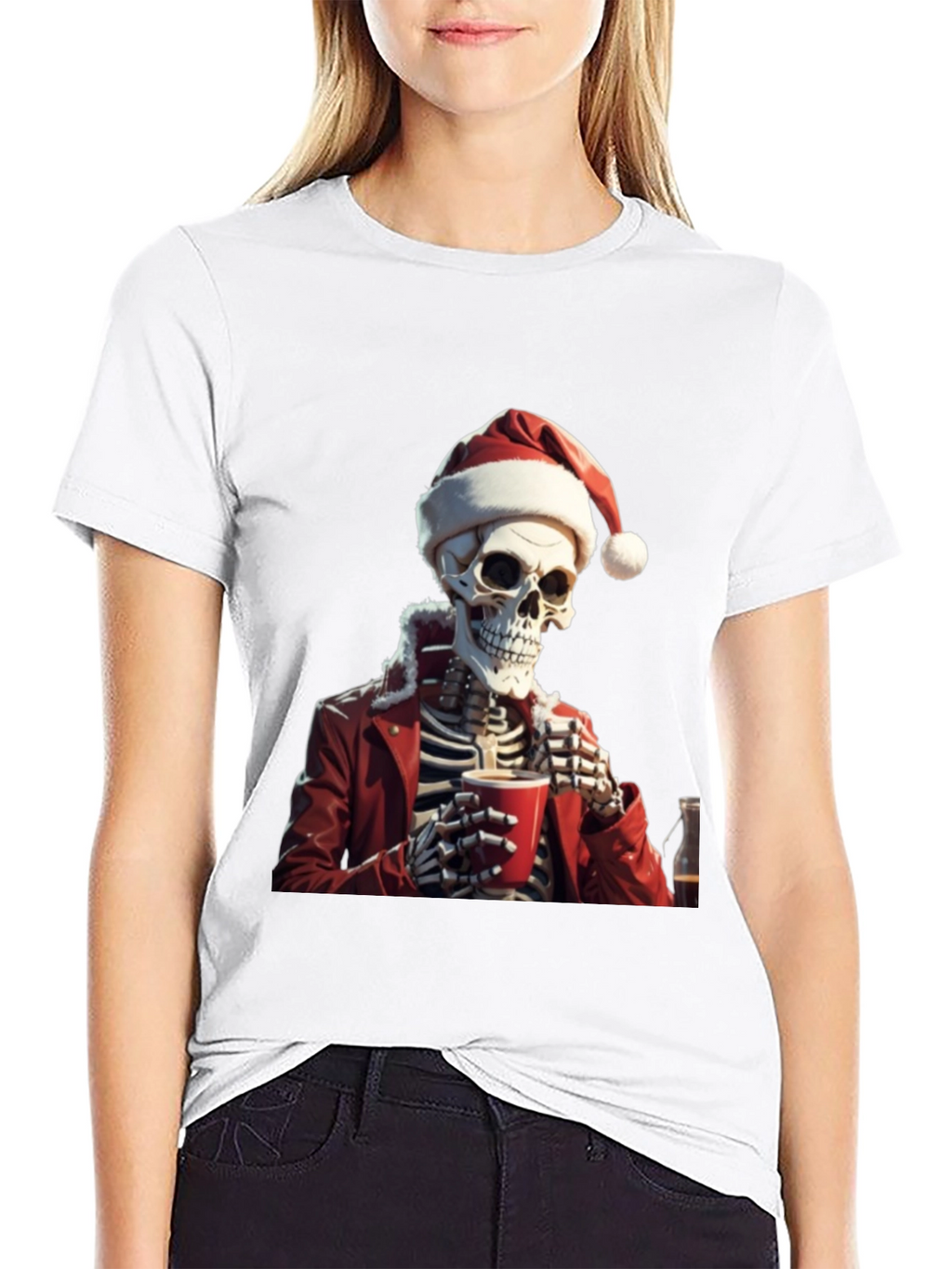 Festive Skeleton Graphic Tee - Holiday Humor