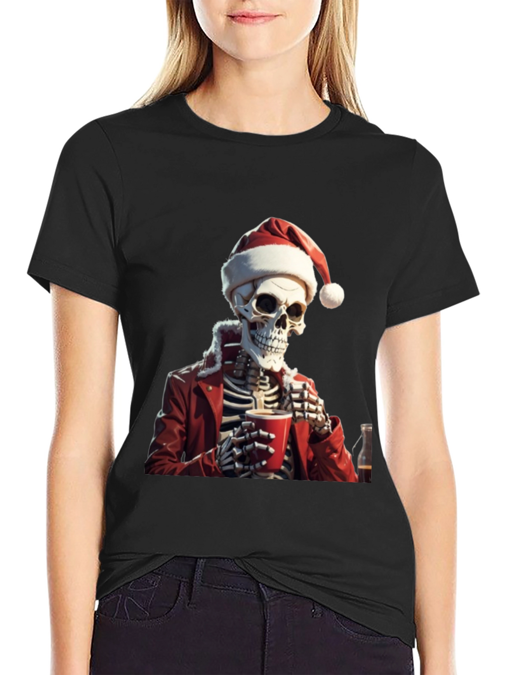 Festive Skeleton Graphic Tee - Holiday Humor