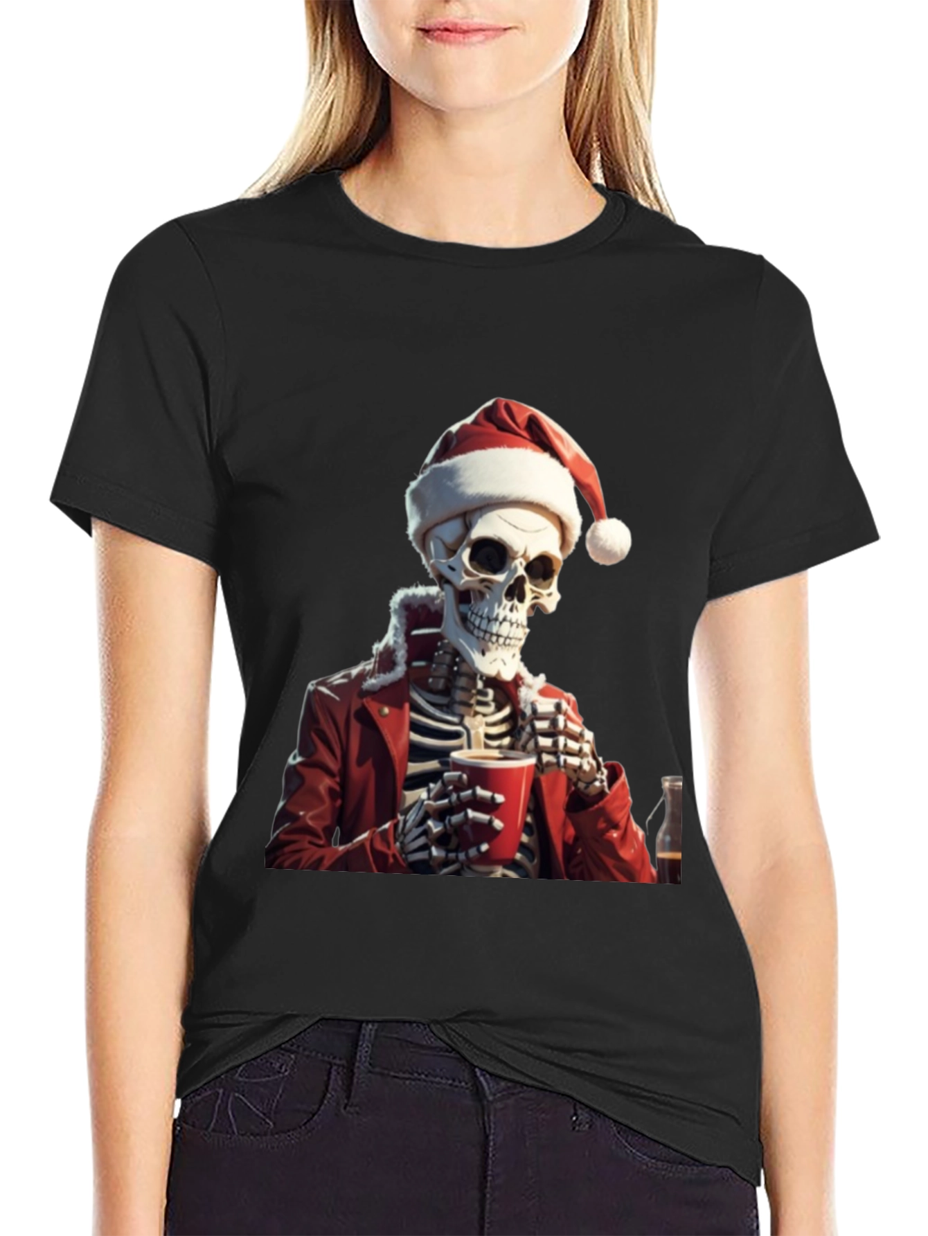 Festive Skeleton Graphic Tee - Holiday Humor