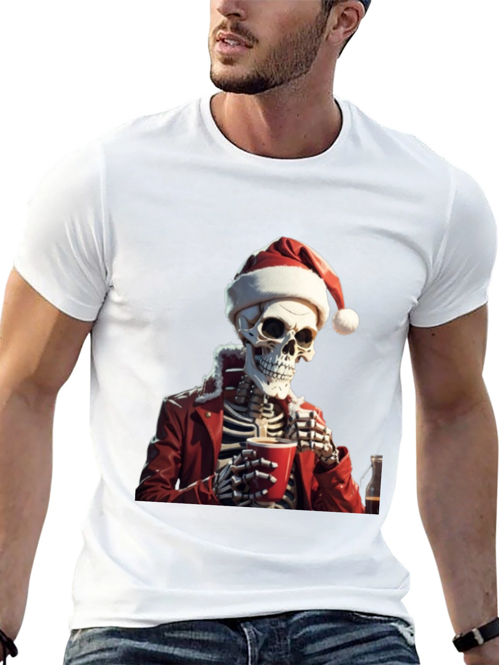 Festive Skeleton Graphic Tee - Holiday Humor