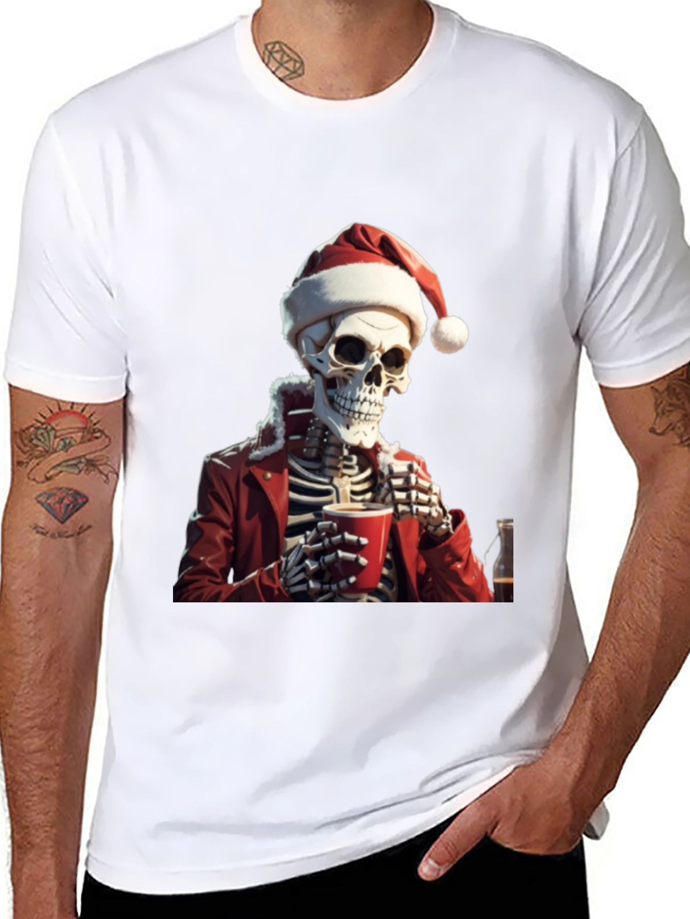 Festive Skeleton Graphic Tee - Holiday Humor