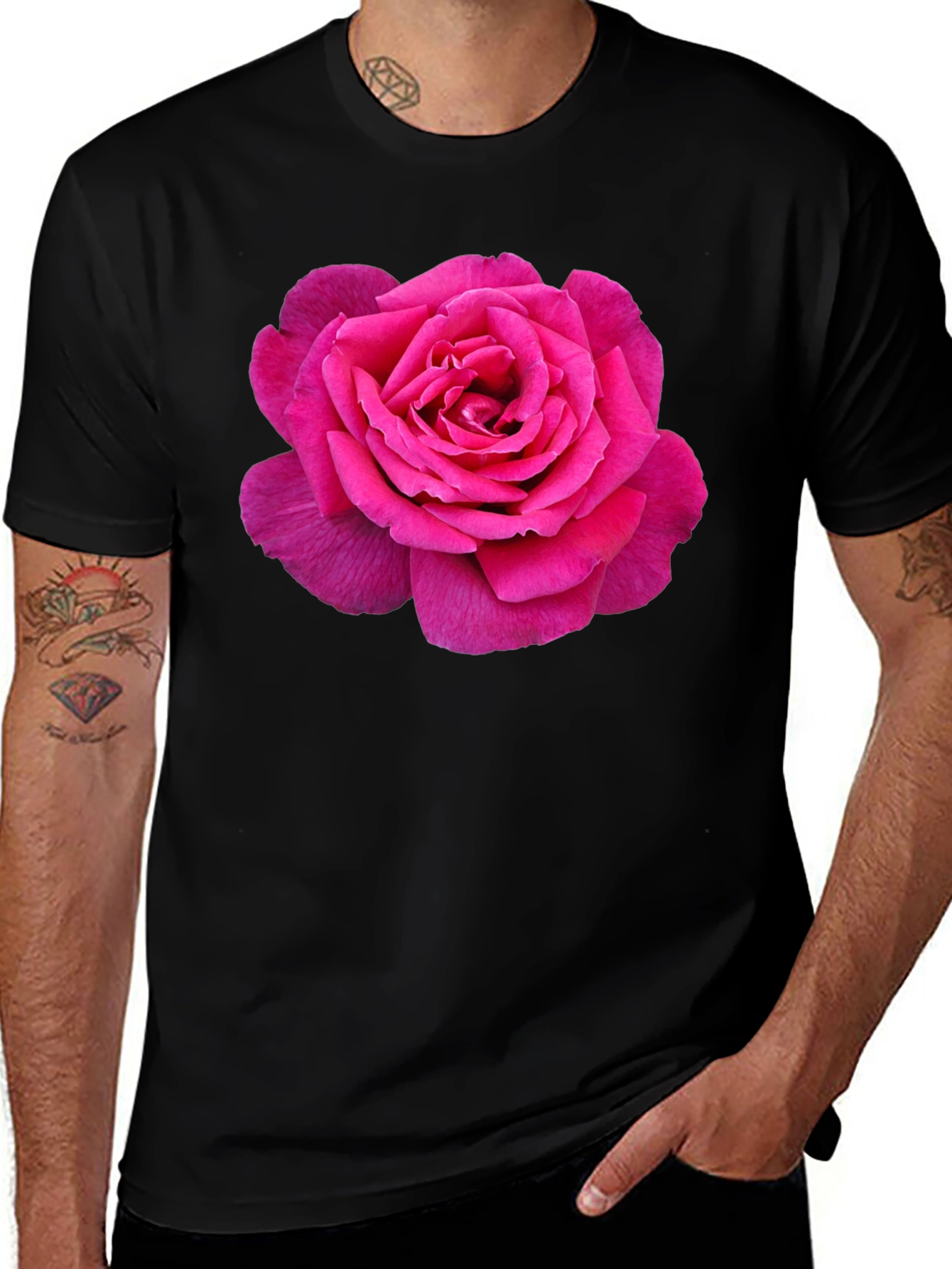 Pink Rose Graphic Black T-Shirt